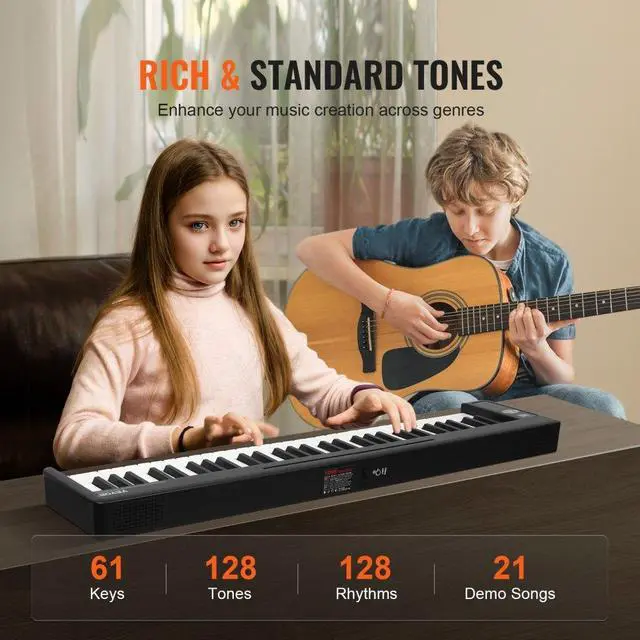 Alt view image 3 of 7 - VEVOR 61 Key Folding Keyboard Piano Portable Foldable Piano Bluetooth MIDI Black