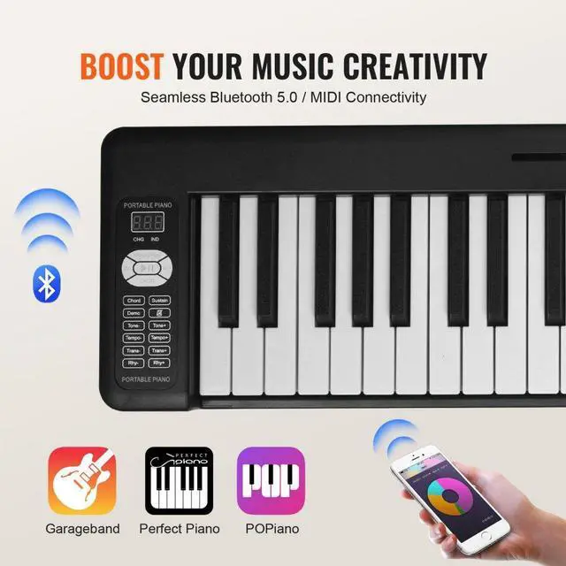 Alt view image 6 of 7 - VEVOR 61 Key Folding Keyboard Piano Portable Foldable Piano Bluetooth MIDI Black