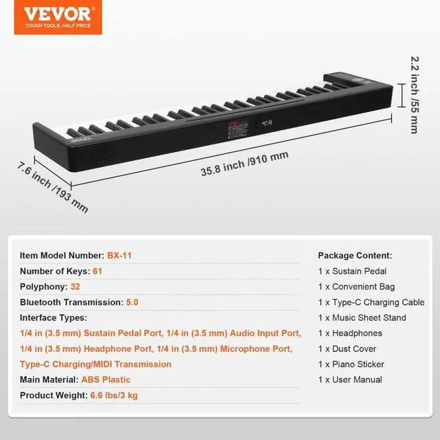 Alt view image 7 of 7 - VEVOR 61 Key Folding Keyboard Piano Portable Foldable Piano Bluetooth MIDI Black