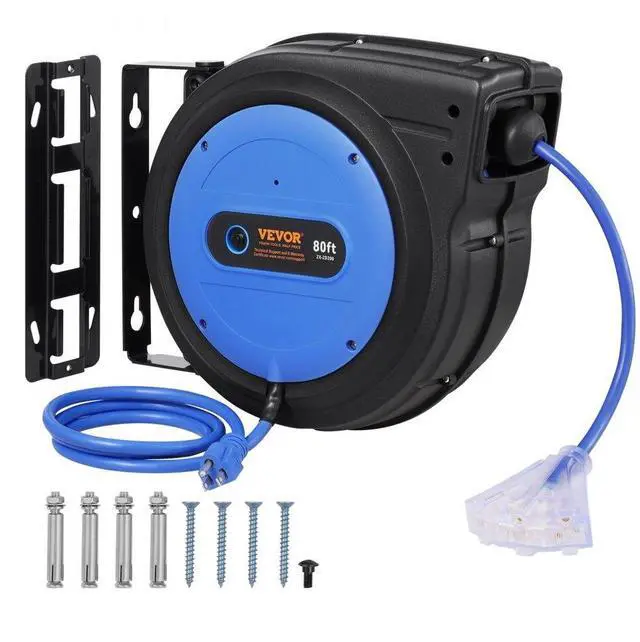 Main image of VEVOR Retractable Extension Cord Reel Power Cord Reel 80FT 12AWG/3C SJTOW