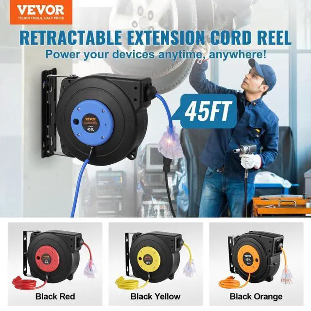 Alt view image 2 of 7 - VEVOR Retractable Extension Cord Reel Power Cord Reel 45FT 12AWG/3C SJTOW