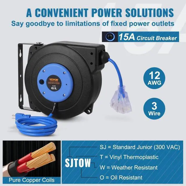 Alt view image 4 of 7 - VEVOR Retractable Extension Cord Reel Power Cord Reel 45FT 12AWG/3C SJTOW
