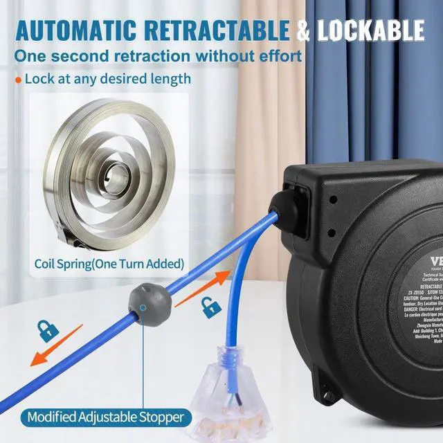 Alt view image 5 of 7 - VEVOR Retractable Extension Cord Reel Power Cord Reel 45FT 12AWG/3C SJTOW