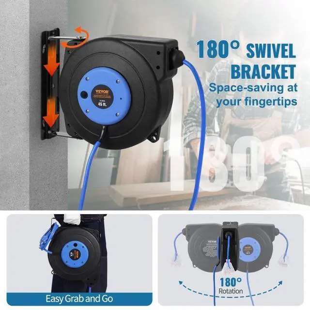 Alt view image 6 of 7 - VEVOR Retractable Extension Cord Reel Power Cord Reel 45FT 12AWG/3C SJTOW