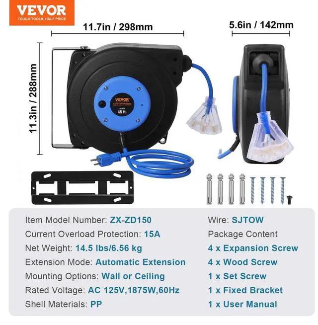 Alt view image 7 of 7 - VEVOR Retractable Extension Cord Reel Power Cord Reel 45FT 12AWG/3C SJTOW