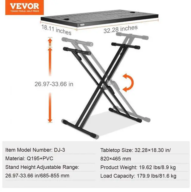 Alt view image 7 of 7 - VEVOR Portable DJ Table with Double-X Braced Keyboard Stand Adjustable Height