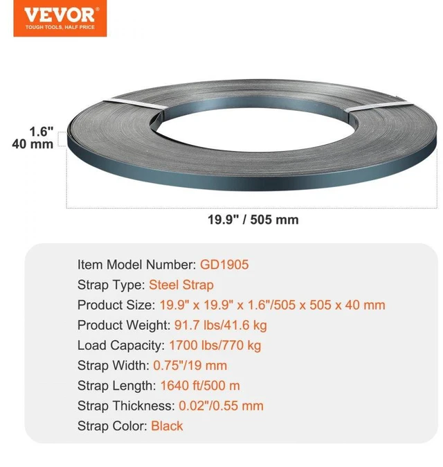 Alt view image 7 of 15 - VEVOR Steel Strapping Coil, 3/4 in x 0.02 in x 1640 ft, Metal Strapping Banding Roll Withstands Harsh Environment, 1700 lbs Break Strength, Heavy Duty Banding Pallet Strap Coil for Pallet Packing
