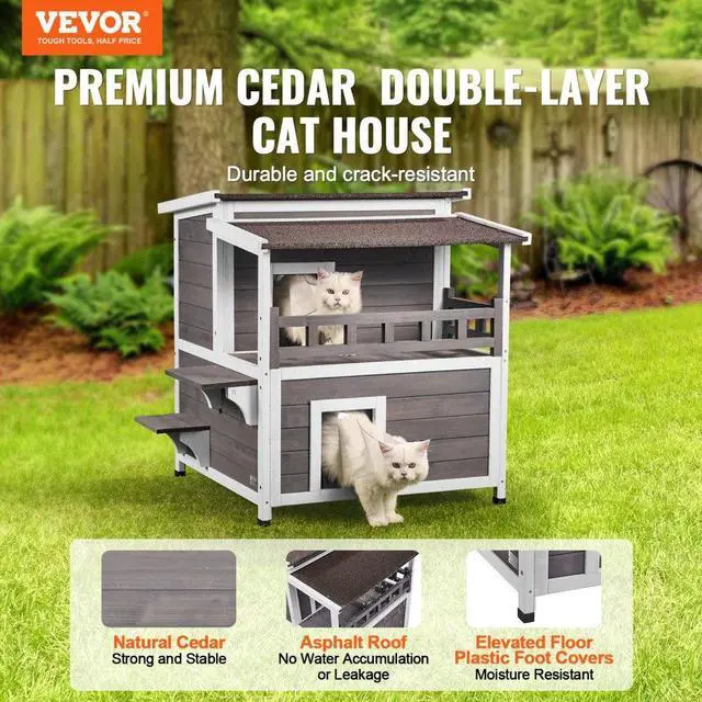Alt view image 2 of 7 - VEVOR Outdoor Cat House 2-story Wooden Feral Cat Shelter with  Balcony & Roof