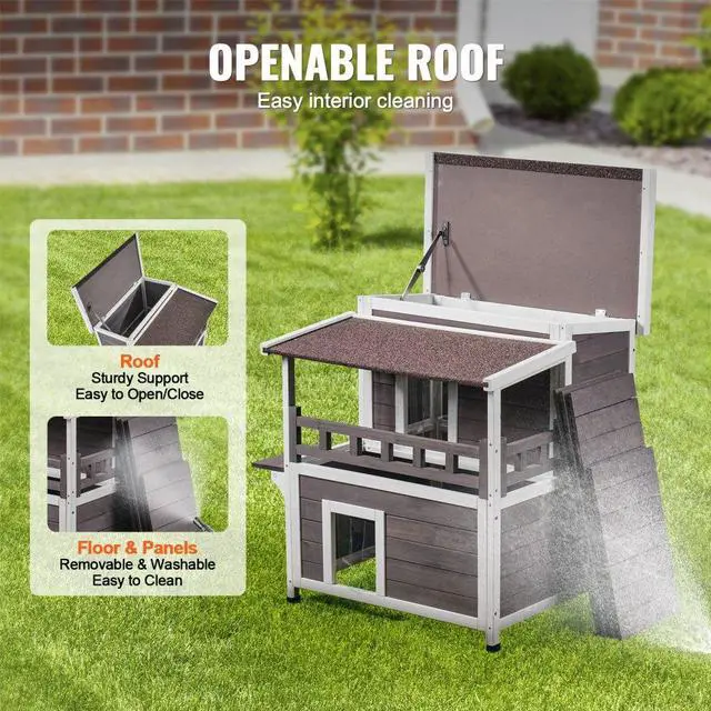 Alt view image 4 of 7 - VEVOR Outdoor Cat House 2-story Wooden Feral Cat Shelter with  Balcony & Roof