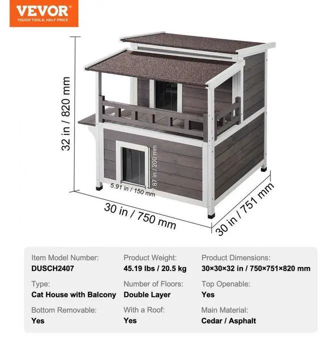 Alt view image 7 of 7 - VEVOR Outdoor Cat House 2-story Wooden Feral Cat Shelter with  Balcony & Roof