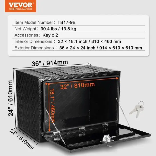 Alt view image 7 of 7 - VEVOR Underbody Aluminum Truck Tool Box 36" x 24" x 24" Trailer RV Tool Storage