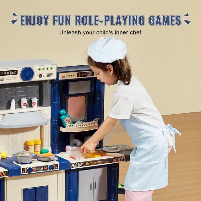 Alt view image 6 of 7 - VEVOR Christmas Gift! Kitchen Playset Kids Pretend Cooking Play Toy 74 Piece Accessories Blue