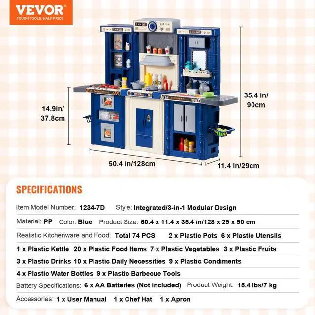 Alt view image 7 of 7 - VEVOR Christmas Gift! Kitchen Playset Kids Pretend Cooking Play Toy 74 Piece Accessories Blue