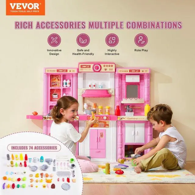 Alt view image 2 of 7 - VEVOR Christmas Gift! Kitchen Playset Kids Pretend Cooking Play Toy 74 Piece Accessories Pink