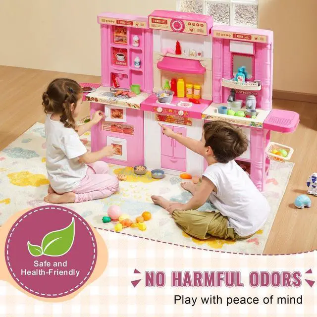 Alt view image 4 of 7 - VEVOR Christmas Gift! Kitchen Playset Kids Pretend Cooking Play Toy 74 Piece Accessories Pink