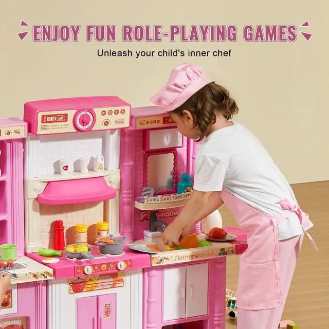 Alt view image 6 of 7 - VEVOR Christmas Gift! Kitchen Playset Kids Pretend Cooking Play Toy 74 Piece Accessories Pink