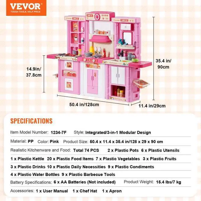 Alt view image 7 of 7 - VEVOR Christmas Gift! Kitchen Playset Kids Pretend Cooking Play Toy 74 Piece Accessories Pink