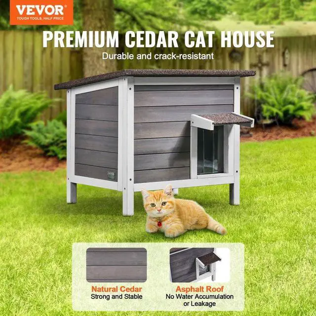 Alt view image 2 of 7 - VEVOR Outdoor Cat House Wooden Feral Cat Shelter with Roof & PVC Door Flaps