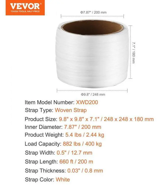 Alt view image 7 of 7 - VEVOR Packaging Woven Strapping Roll 1/2" x 0.03" x 660' Banding Strap 882 lbs