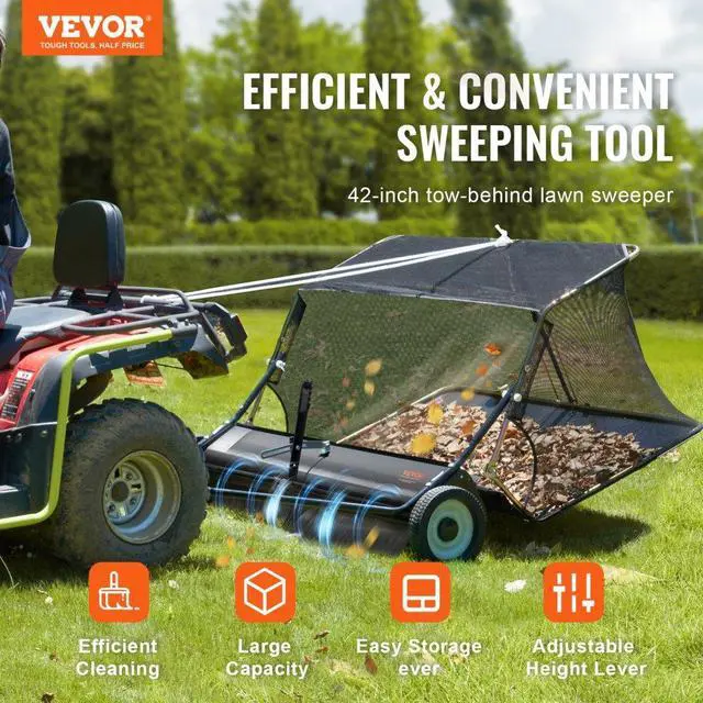 Alt view image 2 of 7 - VEVOR  42 Inch Lawn Sweeper Tow Behind, 12 cu.ft. Large Pull Behind Grass Sweeper, Heavy Duty Leaf & Grass Collector with Dumping Rope Design, Adjustable Sweeping Height for Picking Up Debris & Grass