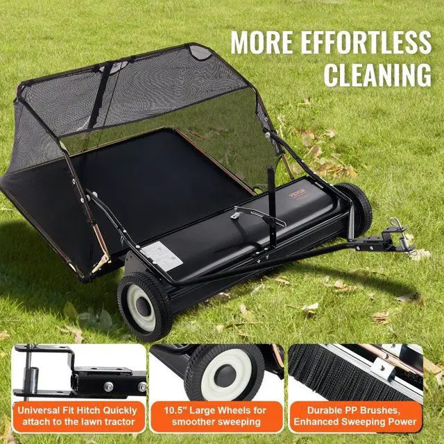 Alt view image 4 of 7 - VEVOR  42 Inch Lawn Sweeper Tow Behind, 12 cu.ft. Large Pull Behind Grass Sweeper, Heavy Duty Leaf & Grass Collector with Dumping Rope Design, Adjustable Sweeping Height for Picking Up Debris & Grass