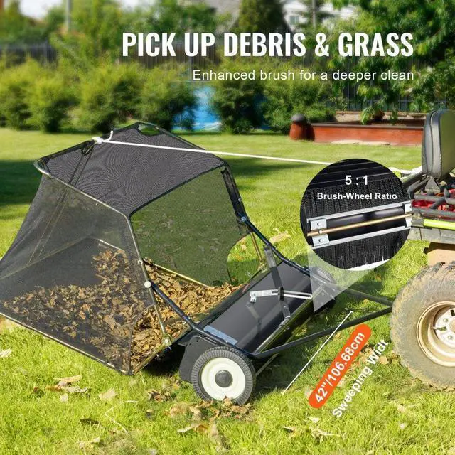 Alt view image 5 of 7 - VEVOR  42 Inch Lawn Sweeper Tow Behind, 12 cu.ft. Large Pull Behind Grass Sweeper, Heavy Duty Leaf & Grass Collector with Dumping Rope Design, Adjustable Sweeping Height for Picking Up Debris & Grass