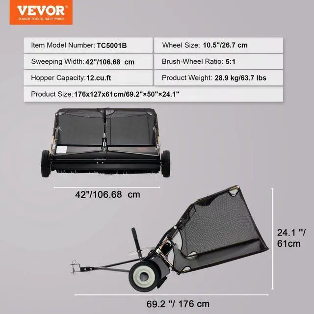 Alt view image 7 of 7 - VEVOR  42 Inch Lawn Sweeper Tow Behind, 12 cu.ft. Large Pull Behind Grass Sweeper, Heavy Duty Leaf & Grass Collector with Dumping Rope Design, Adjustable Sweeping Height for Picking Up Debris & Grass