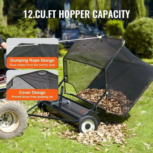 Alt view image 6 of 7 - VEVOR  42 Inch Lawn Sweeper Tow Behind, 12 cu.ft. Large Pull Behind Grass Sweeper, Heavy Duty Leaf & Grass Collector with Dumping Rope Design, Adjustable Sweeping Height for Picking Up Debris & Grass