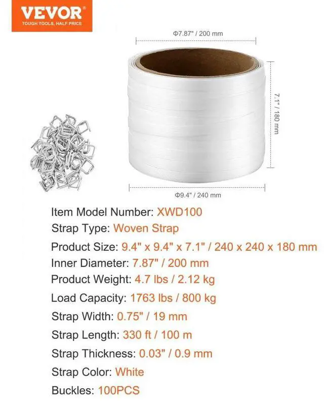 Alt view image 7 of 7 - VEVOR Packaging Woven Strapping Roll 3/4" x 0.03" x 330' Banding Strap 1763 lbs