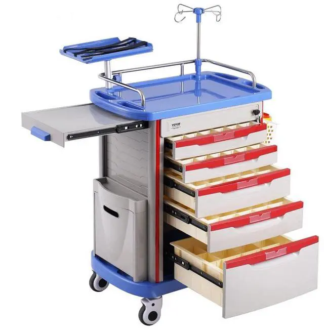 Main image of VEVOR 5 Tiers Lab Carts, Lab Utility Cart with 5 Drawers & 4 Silent Wheels, Mobile Medical Cart with PP Material, Lab Rolling Cart with 2 Trash Cans for Lab, Clinic, Hospital, Salon, Blue