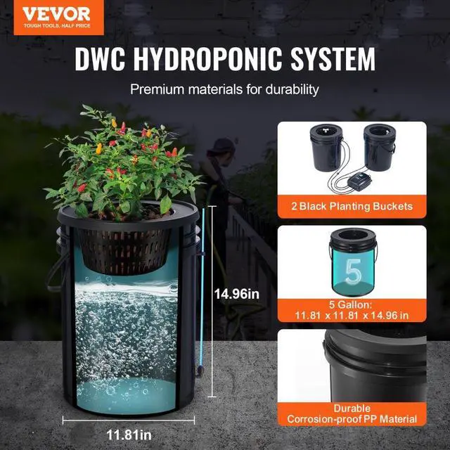Alt view image 2 of 7 - VEVOR  DWC Hydroponics Grow System, Hydroponic Growing System with Top Drip Kit, Deep Water Culture 5-Gallon 2 Buckets, with Air Pump, Air Stones and Water Level Device for Leafy Vegetables