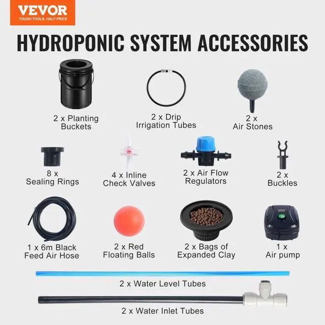 Alt view image 7 of 7 - VEVOR  DWC Hydroponics Grow System, Hydroponic Growing System with Top Drip Kit, Deep Water Culture 5-Gallon 2 Buckets, with Air Pump, Air Stones and Water Level Device for Leafy Vegetables