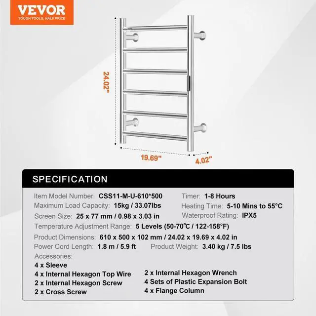 Alt view image 7 of 7 - VEVOR 6-Bar Towel Warmer Rack Wall Mounted Heated Towel Rack for Bathroom Silver