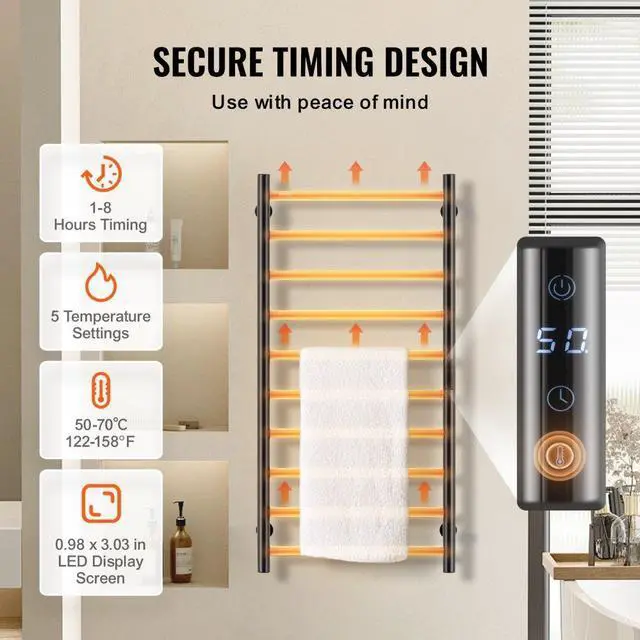 Alt view image 3 of 7 - VEVOR 10-Bar Towel Warmer Rack Wall Mounted Heated Towel Rack for Bathroom Black