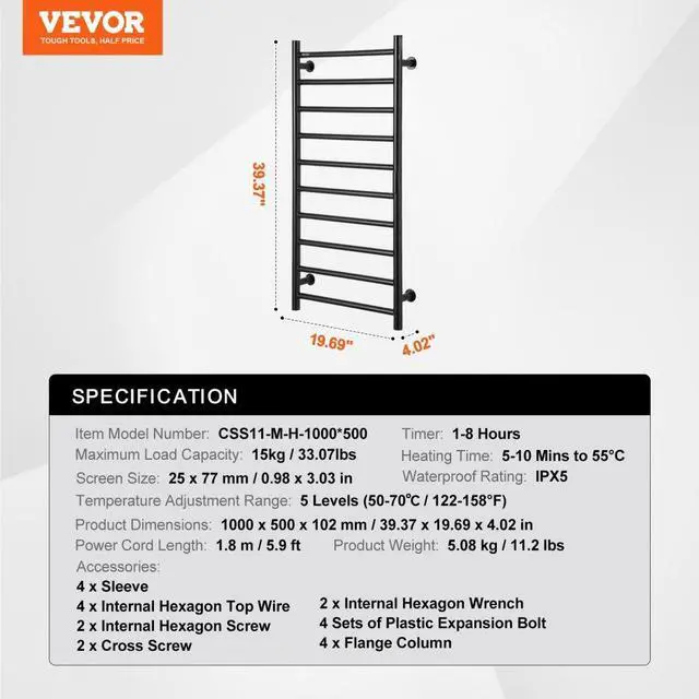 Alt view image 7 of 7 - VEVOR 10-Bar Towel Warmer Rack Wall Mounted Heated Towel Rack for Bathroom Black