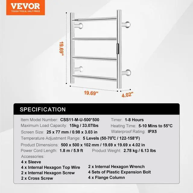 Alt view image 7 of 7 - VEVOR 4-Bar Towel Warmer Rack Wall Mounted Heated Towel Rack for Bathroom Silver