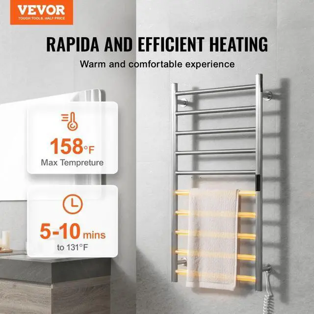Alt view image 2 of 7 - VEVOR 10 Bars Towel Warmer Rack Wall Mounted Heated Towel Rack Bathroom Silver