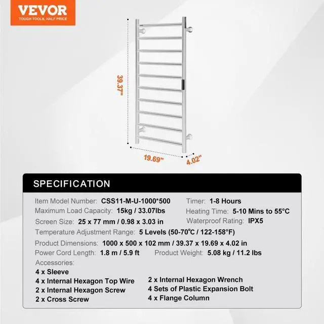 Alt view image 7 of 7 - VEVOR 10 Bars Towel Warmer Rack Wall Mounted Heated Towel Rack Bathroom Silver