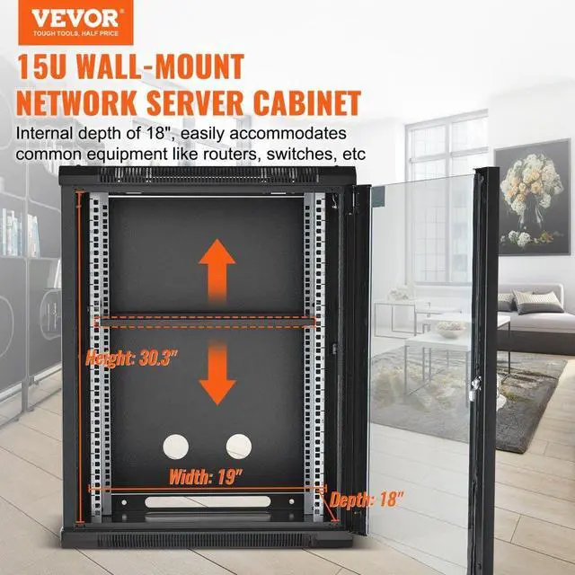 Alt view image 2 of 7 - VEVOR 15U Wall Mount Network Server Rack Cabinet Enclosure 18'' Glass Door Lock