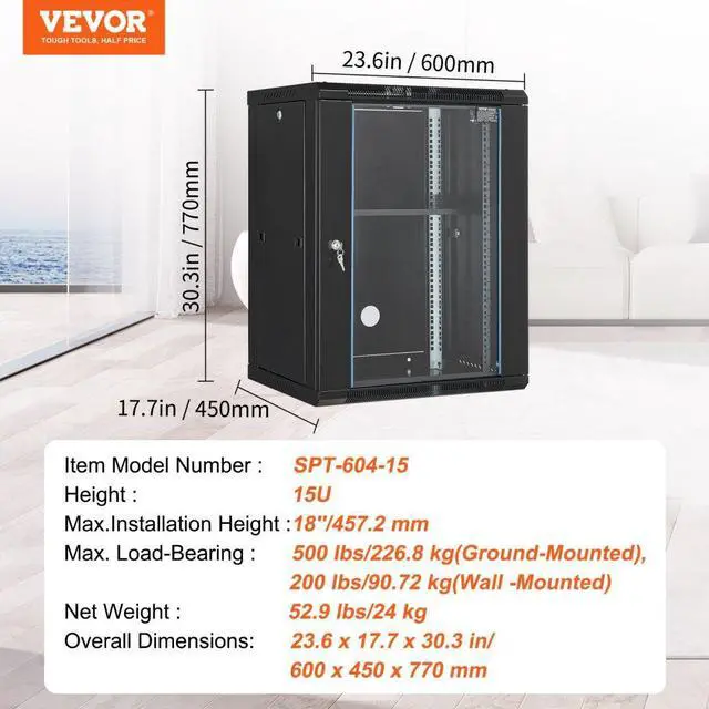 Alt view image 7 of 7 - VEVOR 15U Wall Mount Network Server Rack Cabinet Enclosure 18'' Glass Door Lock