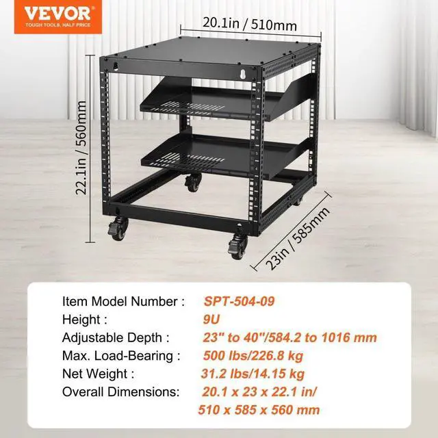 Alt view image 7 of 7 - VEVOR 9U 4 Post Open Frame Server Rack Network Enclosure 23''-40'' Adjustable
