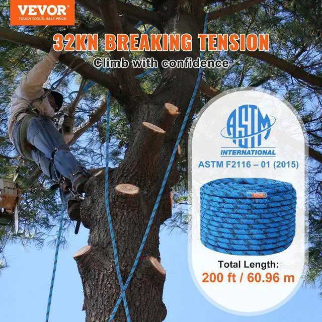 Alt view image 2 of 14 - VEVOR 12.7mm Static Climbing Rope, 60.9M(200ft) Outdoor Rock Climbing Rope 32KN Breaking Tension, Fiber Rope with Steel Snap Hooks for Escape, Rappelling, Fire Rescue, Blue