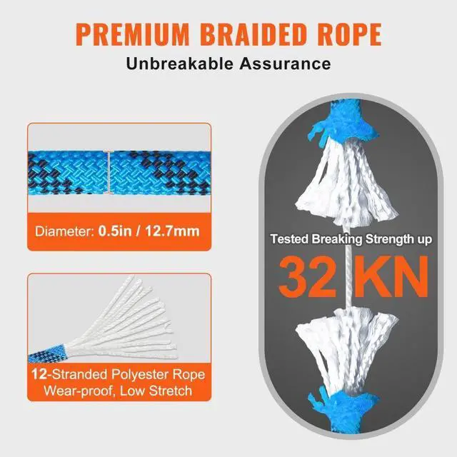 Alt view image 3 of 14 - VEVOR 12.7mm Static Climbing Rope, 60.9M(200ft) Outdoor Rock Climbing Rope 32KN Breaking Tension, Fiber Rope with Steel Snap Hooks for Escape, Rappelling, Fire Rescue, Blue