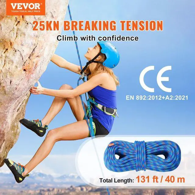 Alt view image 2 of 7 - VEVOR 10.2mm Dynamic Climbing Rope, 40M(131ft) Outdoor Rock Climbing Rope 25KN Breaking Tension, Fiber Rope with Steel Snap Hooks for Escape, Rappelling, Fire Rescue, Blue