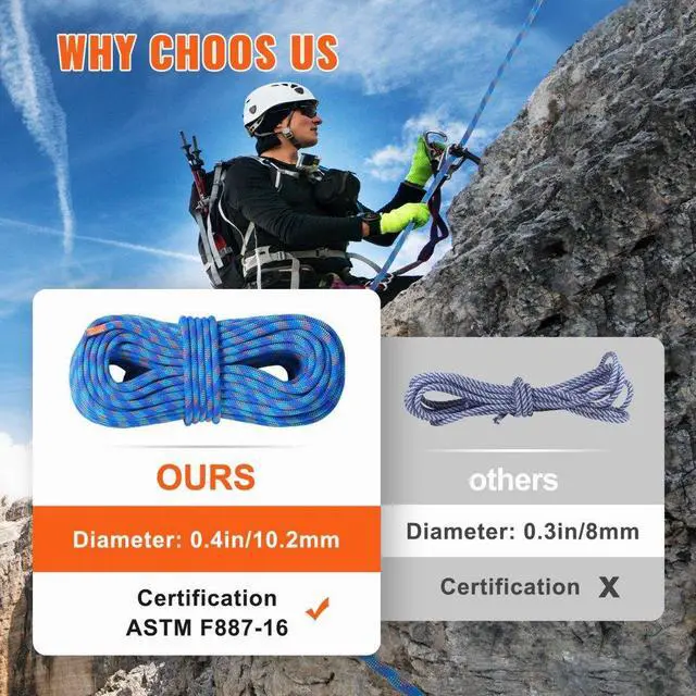 Alt view image 4 of 7 - VEVOR 10.2mm Dynamic Climbing Rope, 40M(131ft) Outdoor Rock Climbing Rope 25KN Breaking Tension, Fiber Rope with Steel Snap Hooks for Escape, Rappelling, Fire Rescue, Blue