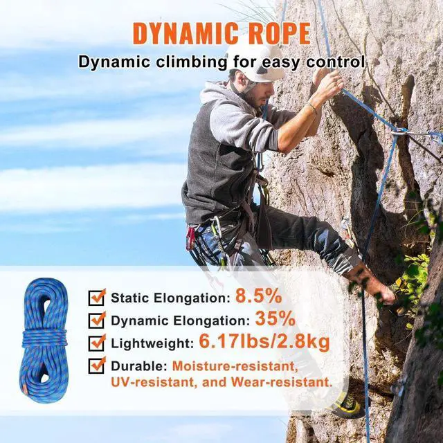 Alt view image 5 of 7 - VEVOR 10.2mm Dynamic Climbing Rope, 40M(131ft) Outdoor Rock Climbing Rope 25KN Breaking Tension, Fiber Rope with Steel Snap Hooks for Escape, Rappelling, Fire Rescue, Blue