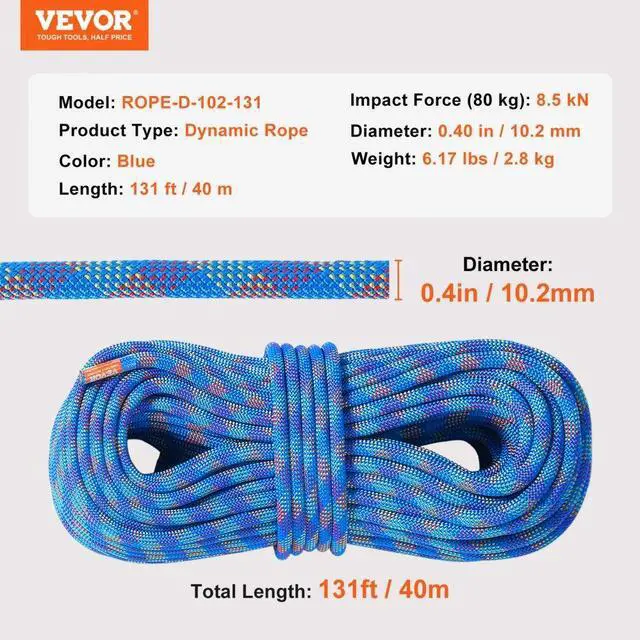 Alt view image 7 of 7 - VEVOR 10.2mm Dynamic Climbing Rope, 40M(131ft) Outdoor Rock Climbing Rope 25KN Breaking Tension, Fiber Rope with Steel Snap Hooks for Escape, Rappelling, Fire Rescue, Blue