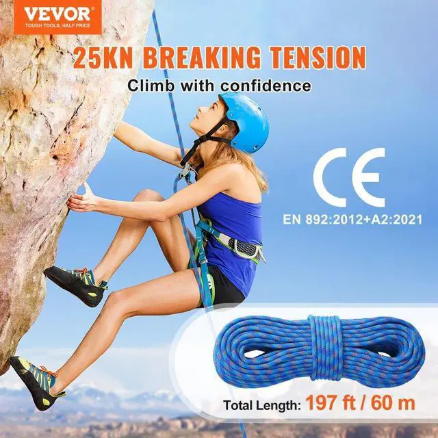 Alt view image 2 of 14 - VEVOR 10.2mm Dynamic Climbing Rope, 60M(197ft) Outdoor Rock Climbing Rope 25KN Breaking Tension, Fiber Rope with Steel Snap Hooks for Escape, Rappelling, Fire Rescue, Blue