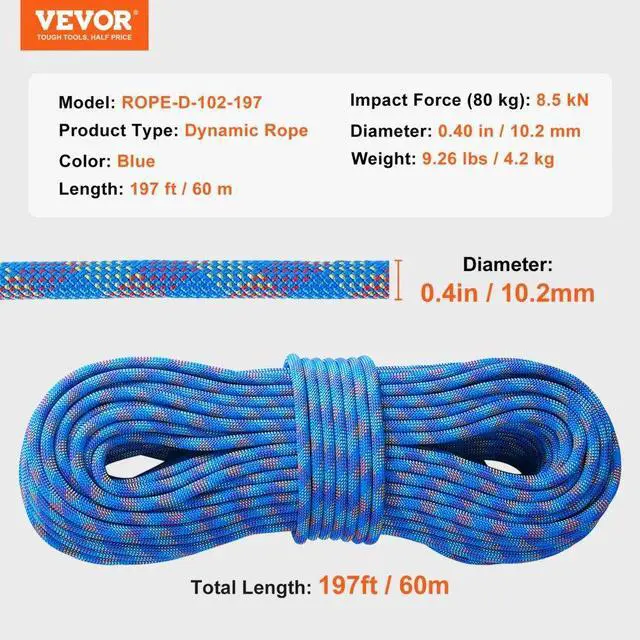 Alt view image 7 of 14 - VEVOR 10.2mm Dynamic Climbing Rope, 60M(197ft) Outdoor Rock Climbing Rope 25KN Breaking Tension, Fiber Rope with Steel Snap Hooks for Escape, Rappelling, Fire Rescue, Blue