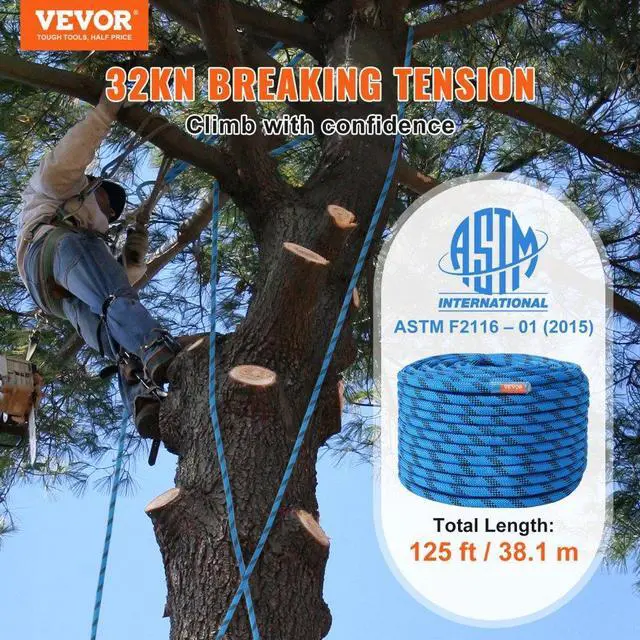 Alt view image 2 of 14 - VEVOR 12.7mm Static Climbing Rope, 38M(125ft) Outdoor Rock Climbing Rope 32KN Breaking Tension, Fiber Rope with Steel Snap Hooks for Escape, Rappelling, Fire Rescue, Blue